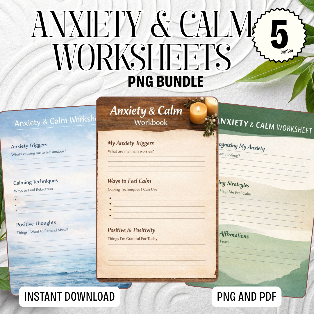 Anxiety Relief Printable | Anxiety & Calm Worksheets PDF PNG - Stress Management | Calm Mind Exercises | Instant Download