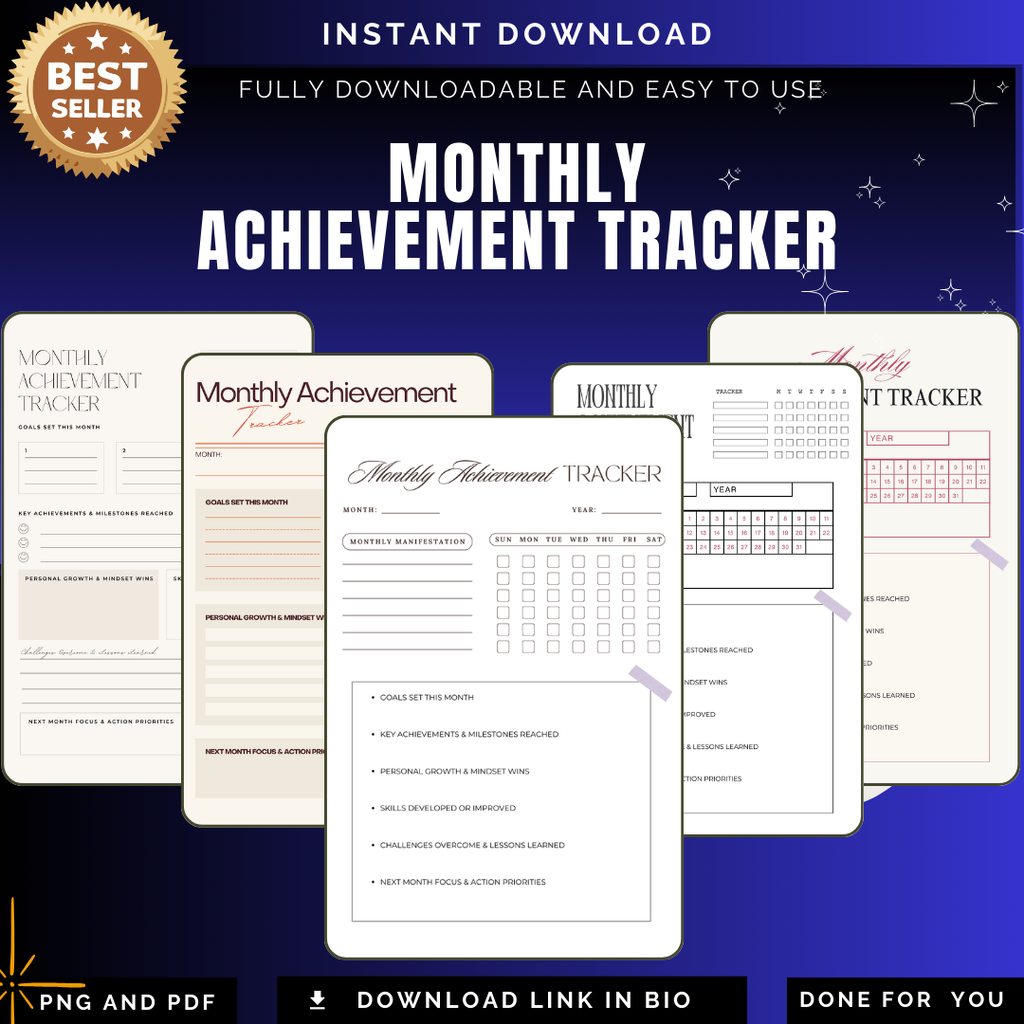 Periodical Accomplishment Monitor PNG PDF Milestone Victory Log Success Performance Record Monthly Win Tracker Goal Progress Success Map Kit