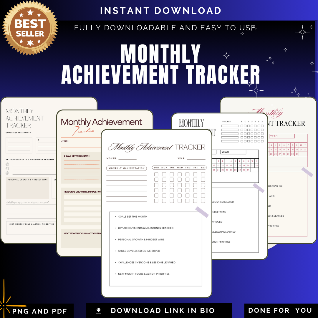 Periodical Accomplishment Monitor PNG PDF Milestone Victory Log Success Performance Record Monthly Win Tracker Goal Progress Success Map Kit
