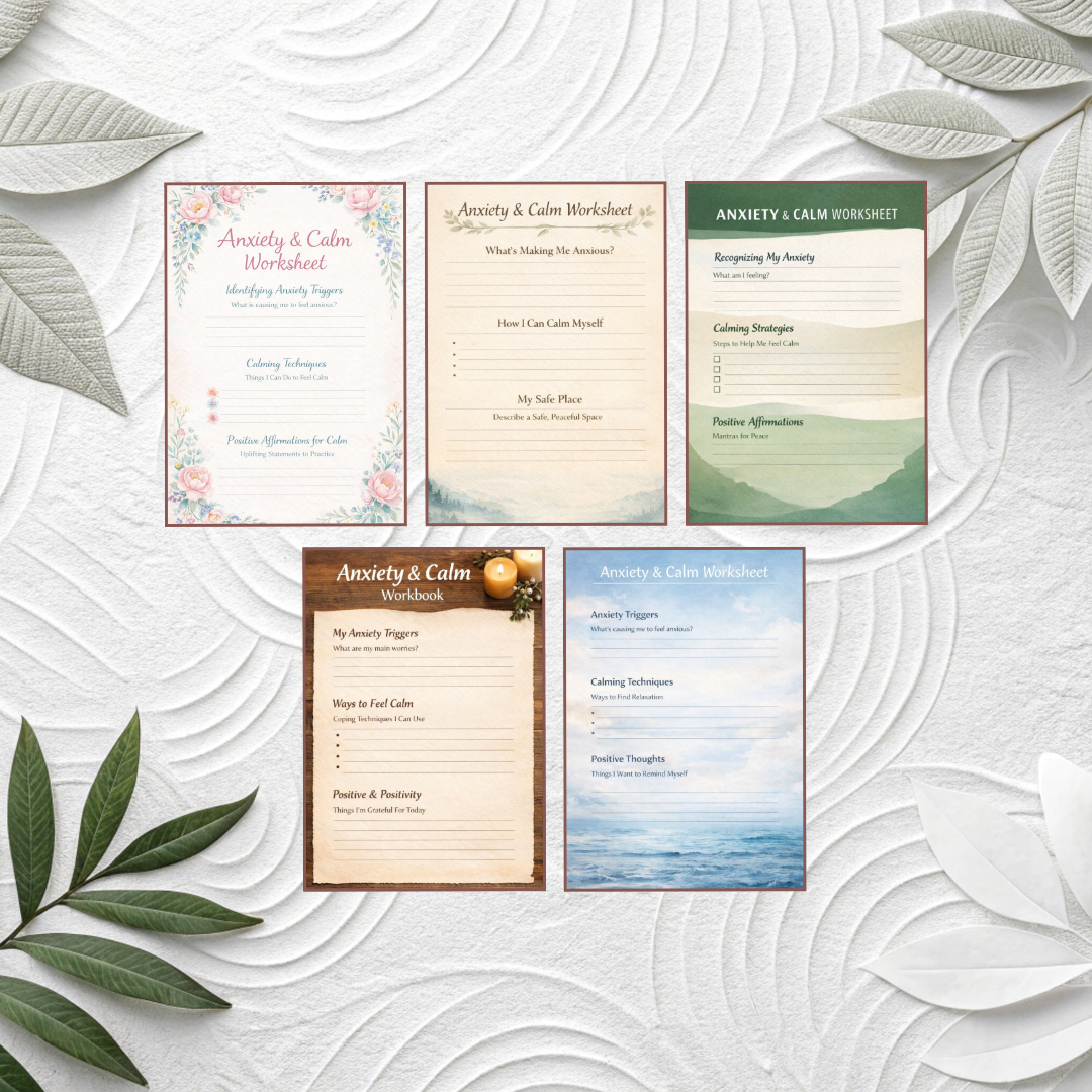 Anxiety Relief Printable | Anxiety & Calm Worksheets PDF PNG - Stress Management | Calm Mind Exercises | Instant Download