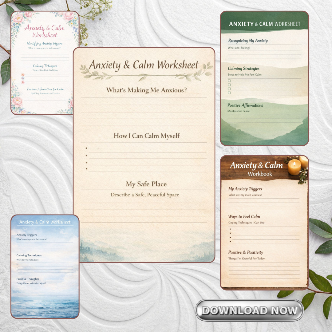Anxiety Relief Printable | Anxiety & Calm Worksheets PDF PNG - Stress Management | Calm Mind Exercises | Instant Download