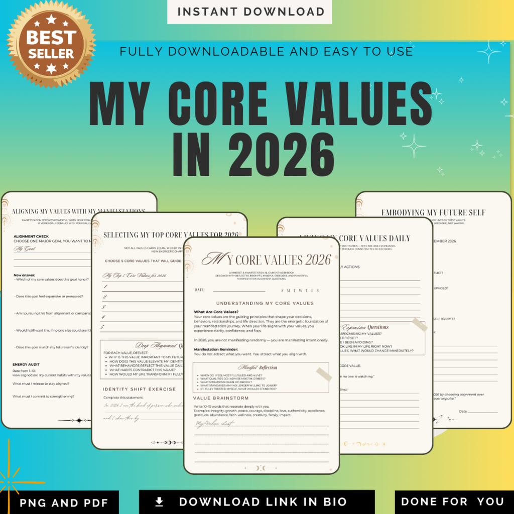 My core Values in 2026 | Mindset Discovery PDF | Identity Alignment Log | Success Foundation Book | Yearly Principle Guide | Growth Map